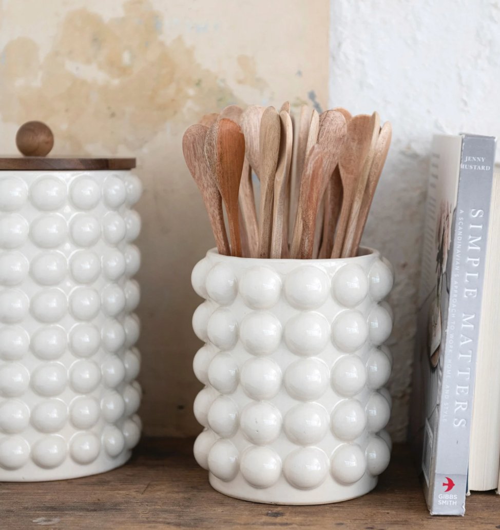 Stoneware Canister w/ Raised Dots & Acacia Wood Lid & Natural - HER Home Design Boutique